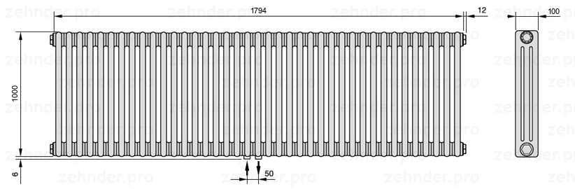 Схема (чертеж) Радиатор Zehnder Charleston 3100/39 №3470 Белый глянцевый RAL 9016